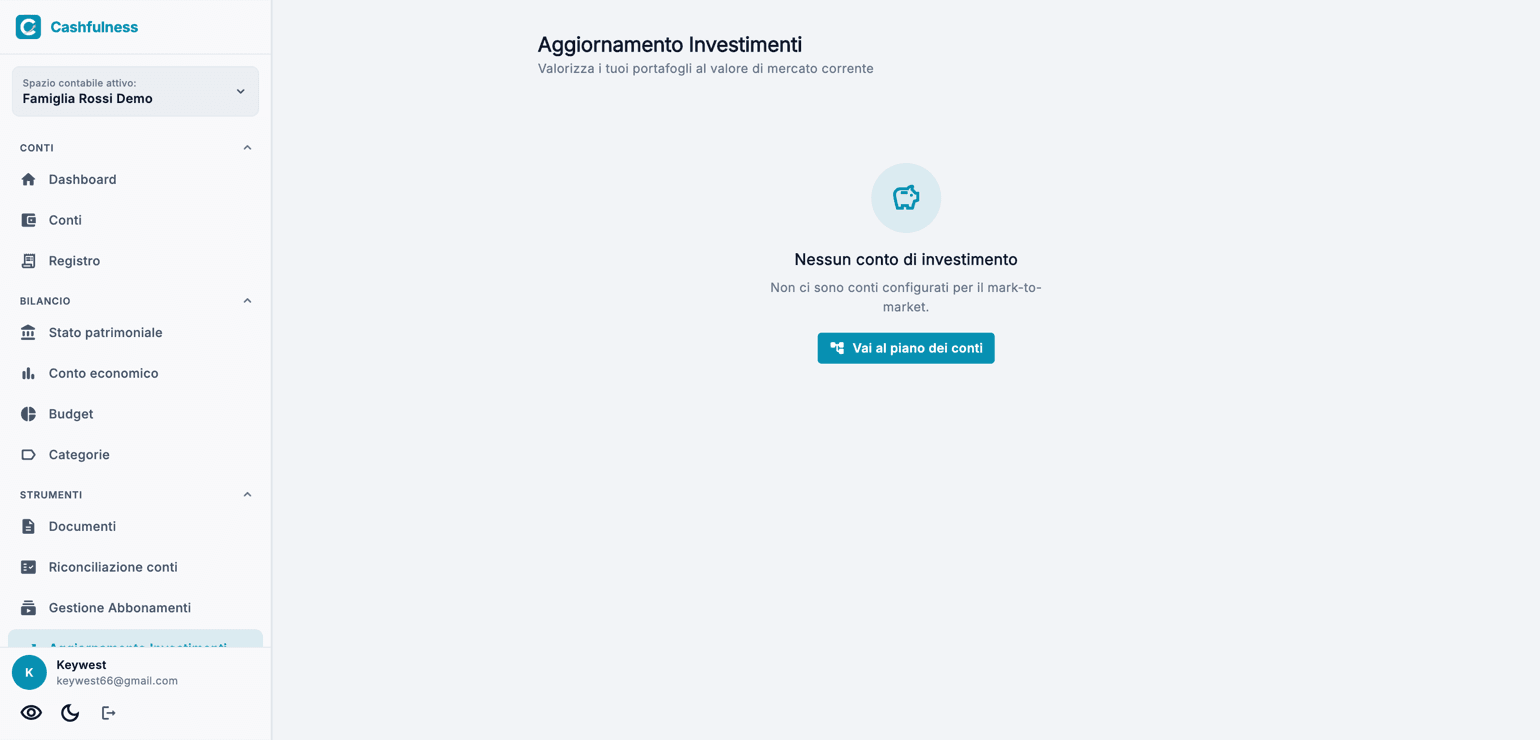 La pagina Aggiornamento Investimenti con il sottotitolo Valorizza i tuoi portafogli al valore di mercato corrente e il collegamento Vai al piano dei conti.