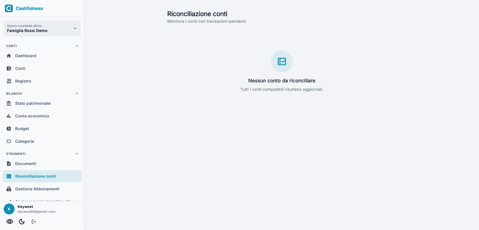 La pagina Riconciliazione conti con il messaggio Nessun conto da riconciliare e la conferma che tutti i conti compatibili risultano aggiornati.