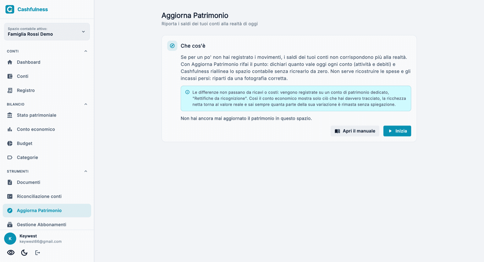 La schermata iniziale di Aggiorna Patrimonio con la spiegazione della funzione, la nota sul conto Rettifiche da ricognizione e i pulsanti Apri il manuale e Inizia.