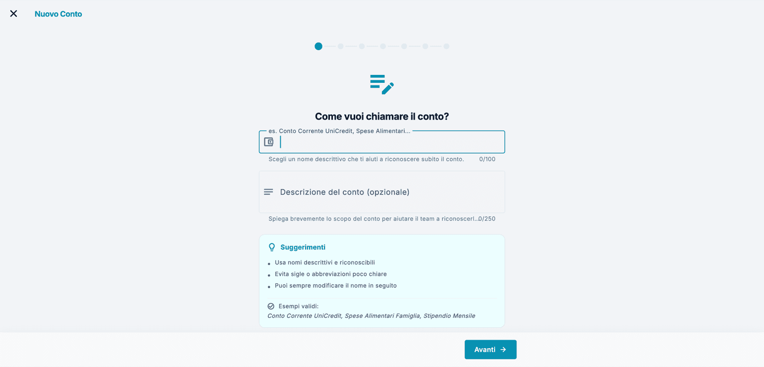 Il primo passo del wizard Nuovo Conto: il campo per il nome del conto, la descrizione facoltativa e un riquadro di suggerimenti con esempi validi.